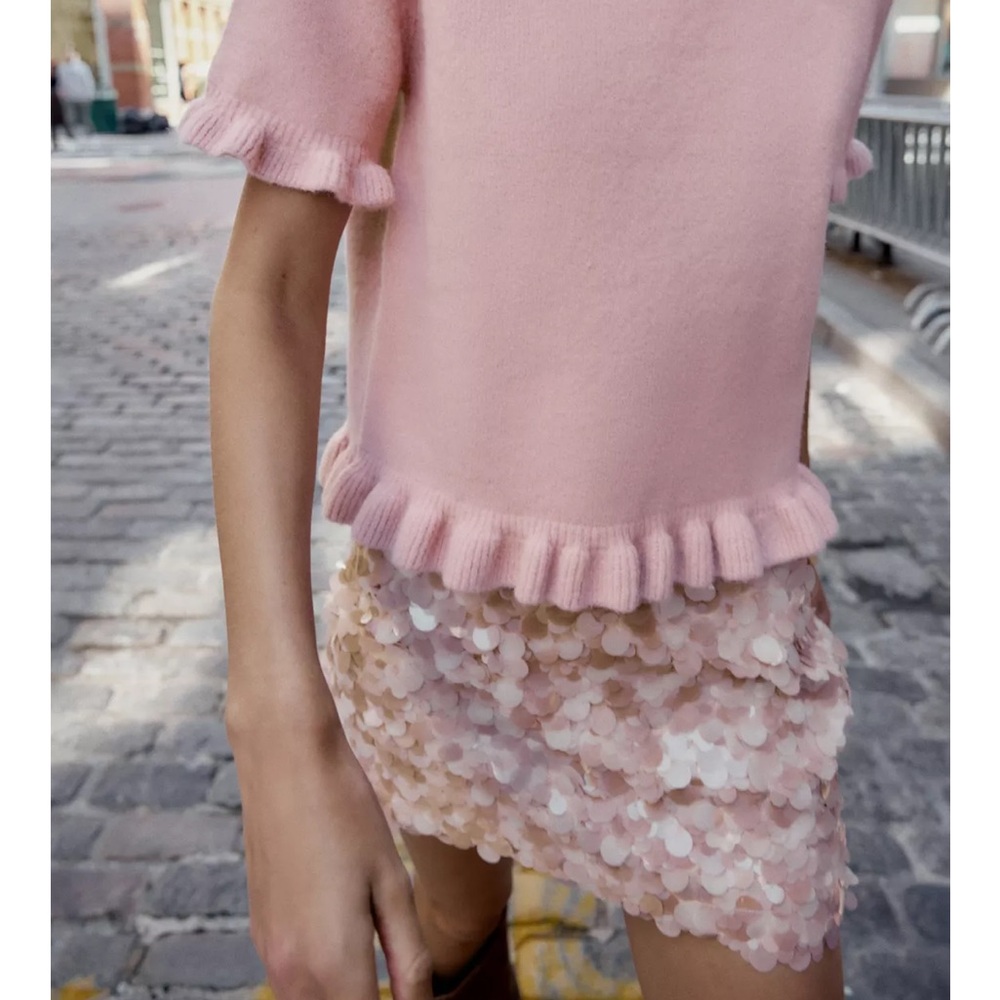Zara NWT pale light pink sequined embellished mini skirt - Picture 2 of 10
